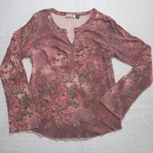 Oneworld Boho V Neck Bell Long Sleeve Pink Floral Studded Pullover Top Petite L